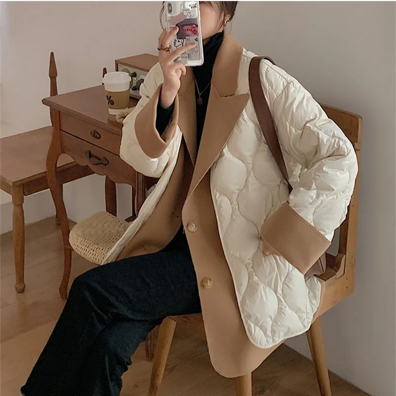 

New Winter Women Ultralight Thin Down Jacket White Jackets Long Sleeve Warm Coat Parka Female Portable Outwear Fake two coats