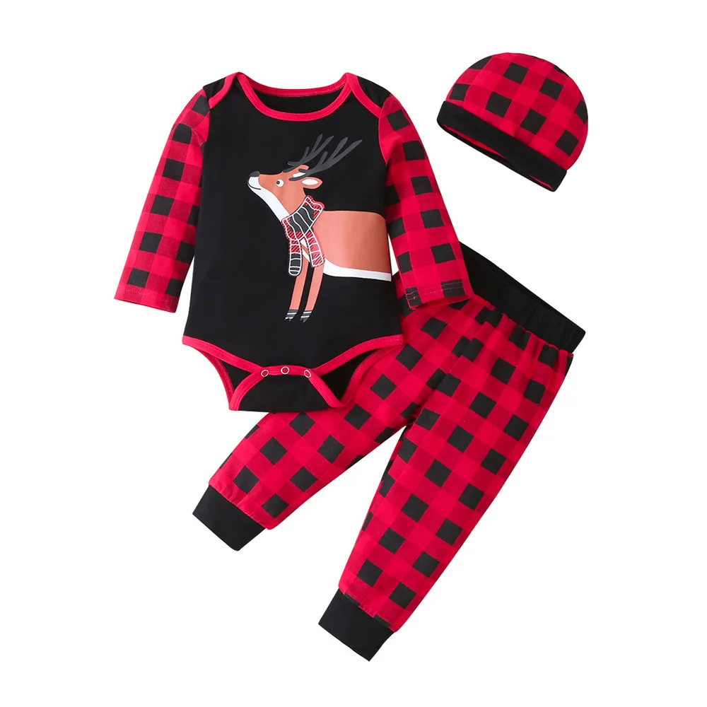 

0-1Y Newborn Baby Christmas 3Pcs Outfit Set Cartoon Elk Romper+Plaid Pants+Hat Set Baby Boys Girls Xmas Baby Clothing Costumes