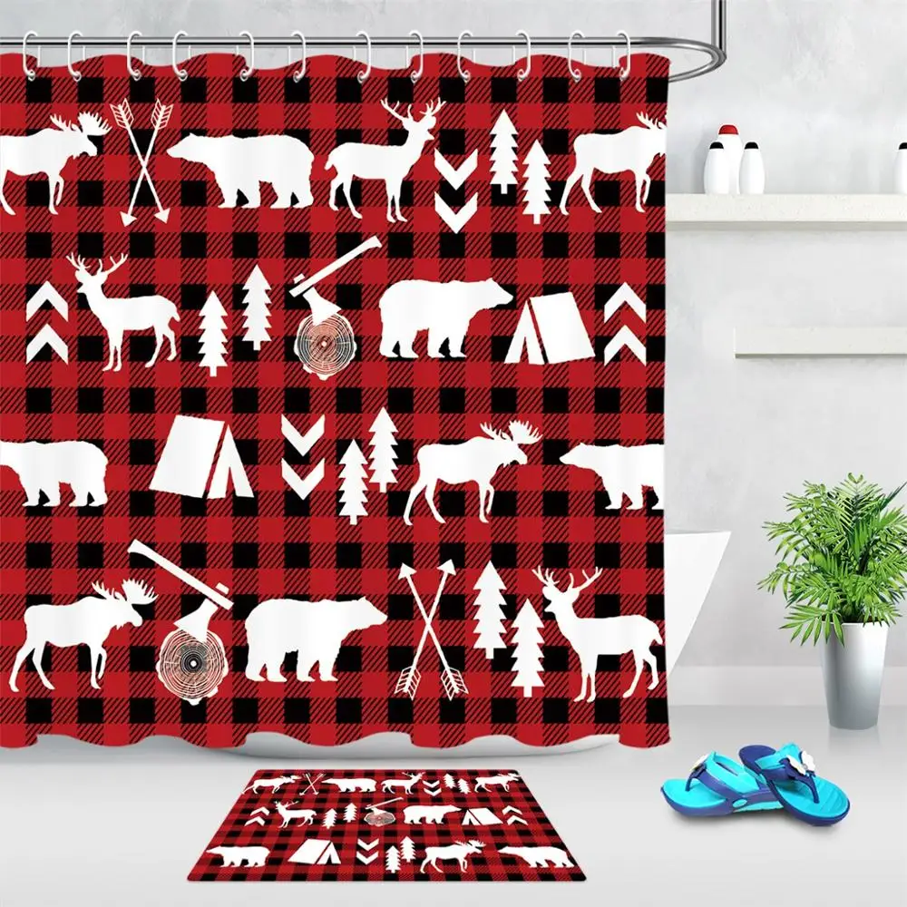 Curtain and Mat Рождественские Мультяшные животные клетчатый узор Ванна занавеска для душа домашнее украшение ванной комнаты Аксессуары нескользящий Ковер Дверной Коврик - Цвет: Curtain and Mat
