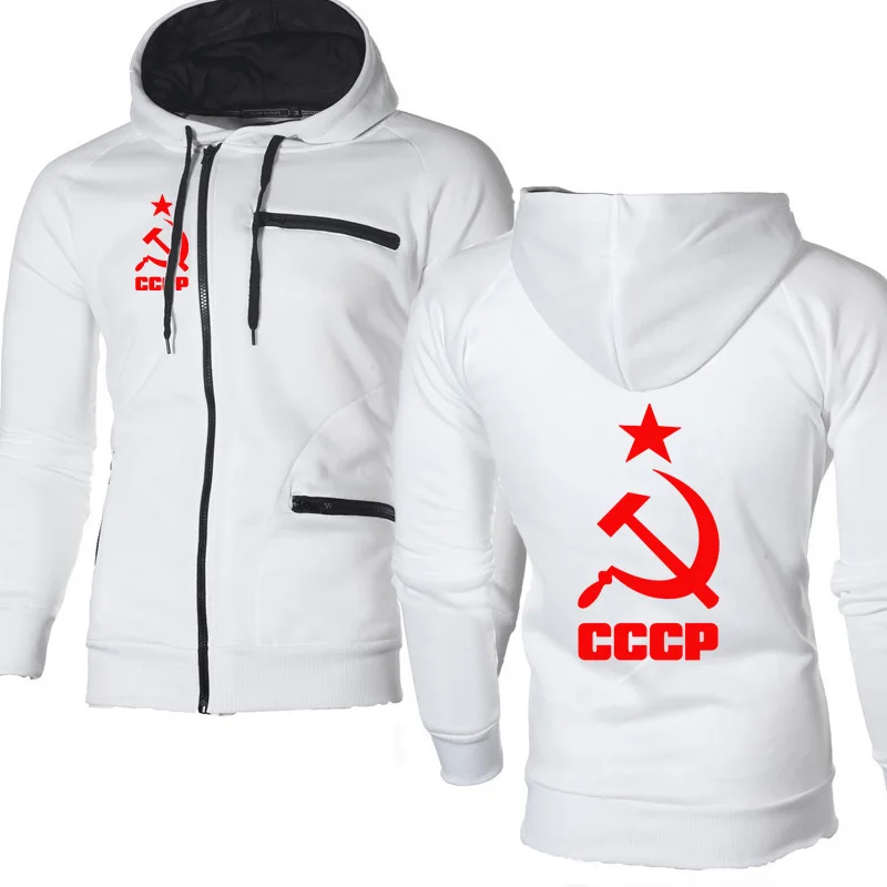 Мужская куртка CCCP, русская, советская, с принтом, уникальная, с капюшоном, мужская куртка, толстовка, флисовые спортивные костюмы, толстовки на молнии - Цвет: Белый