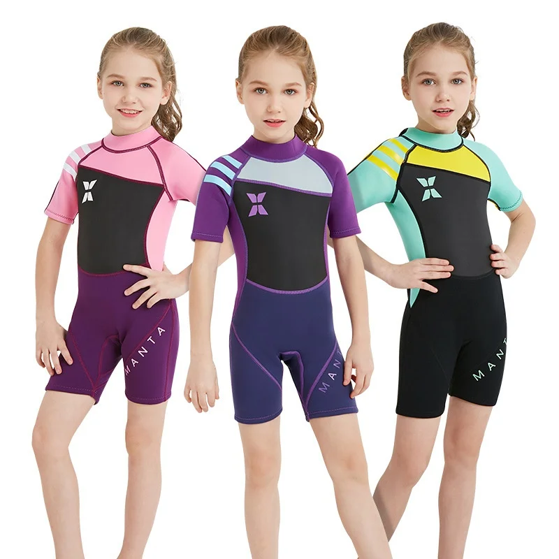 PROD 1005002797894571 2021 New One Piece 2.5mm Kids Girl Short Sleeve
Scuba Shorty Wetsuit Swim Surf Suit Keep Warm UV Protection Bath