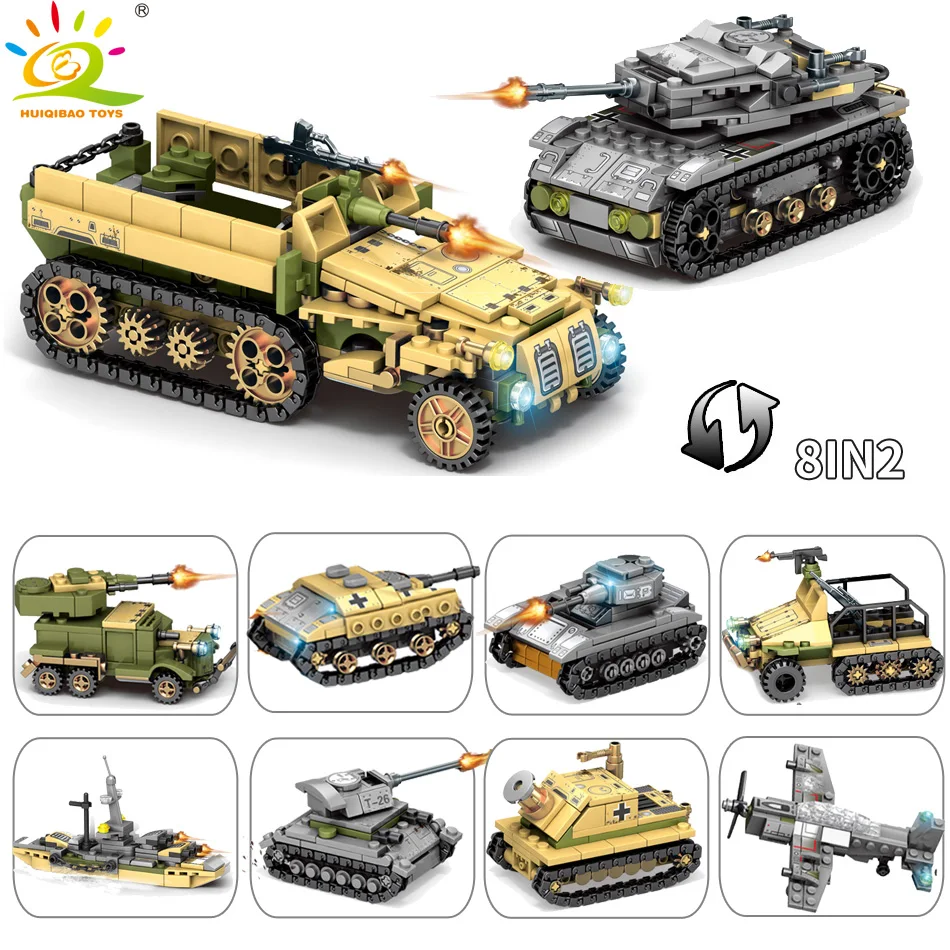 HUIQIBAO игрушки 1061 шт 8in2 военные танковые строительные блоки для детей WW2 армейский