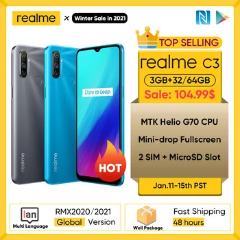 Realme C3 Unlockphone, 3 Гб оперативной памяти, Оперативная память 64 Гб Встроенная память Мобильный телефон MTK Helio G70 12MP Камера 6,5 "полноэкранный 5000 мАч ...
