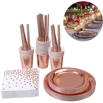 

Party Disposable Tableware Dishes Rose Gold Champagne Paper Cup Plate Straws Kid Birthday Baby Shower Party Decor Supplier