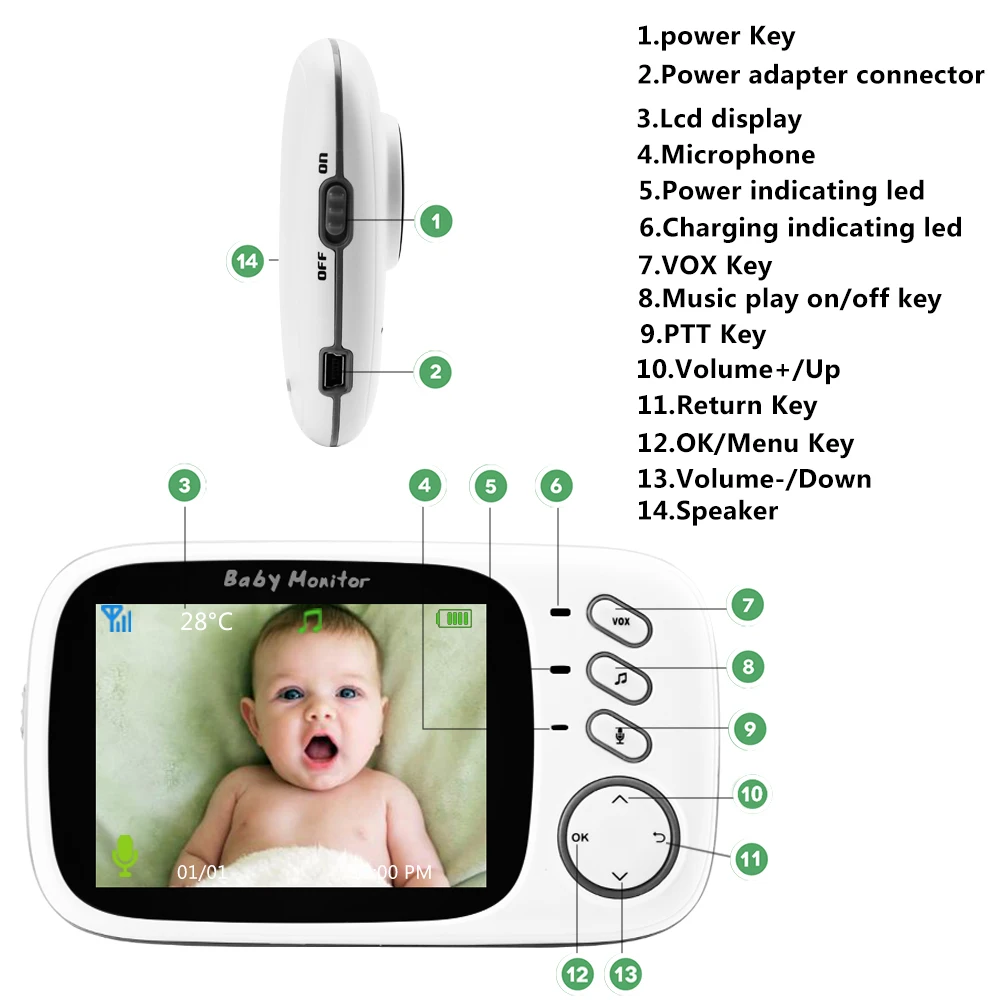  VB603 Wireless Video Color Baby Monitor with 3.2Inches LCD 2 Way Audio Talk Night Vision Surveillan