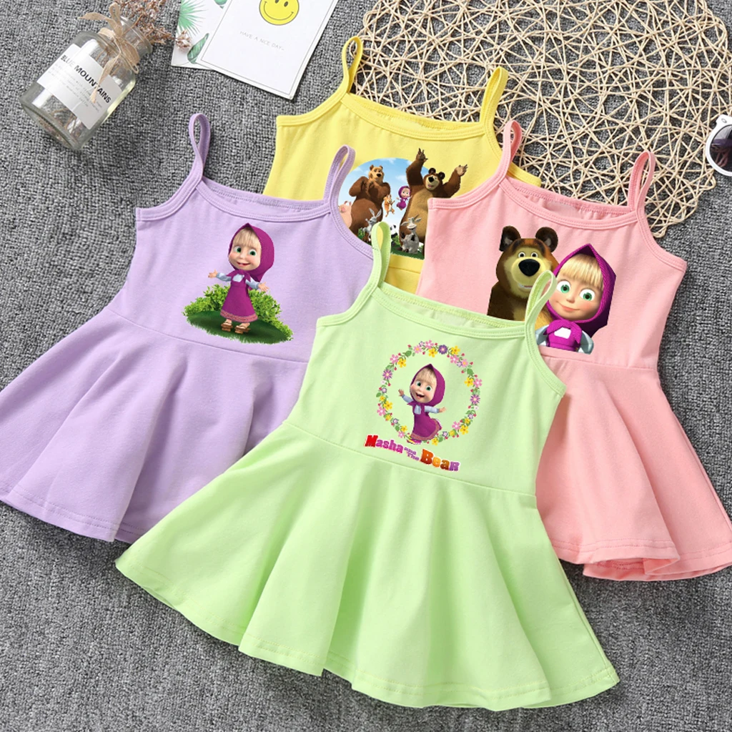 

Girls dress children Masha & Bear cartoon summer cute yellow pink round neck camisole dress baby girl child girl kids clothes
