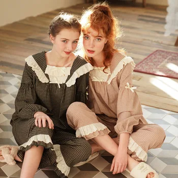 

Sleepwear 2 Pieces Pyjama Set For Women Turn-down Collar Long Sleeve Soft Sweet Cute Nightwear Gift Home Clothes New Fashion