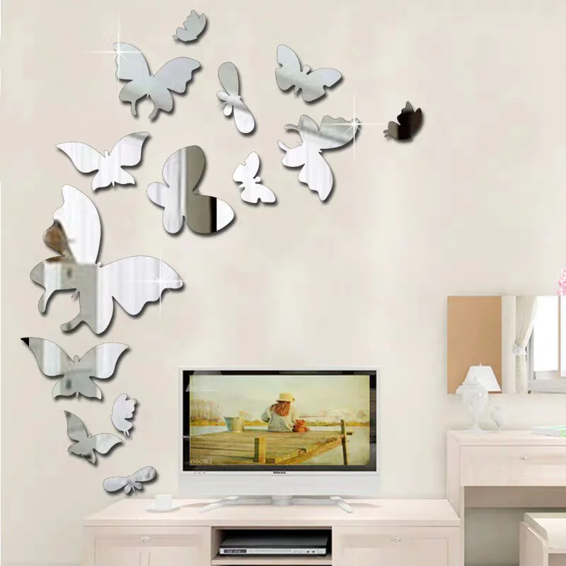 Creative 3D Box Mirror Butterflies Wall Stickers Bathroom Home Decoration 