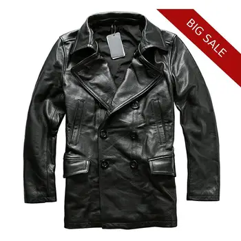

2020 Black Men Long Genuine Casual Leather Jacket Double Breasted Plus Size 5XL Thick Cowhide Russian Leather Pea Coat