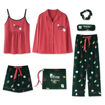 

Autumn Winter 7PCS Full Cotton Turn Down Collar Pajamas Set Casual Women Home Sweet Soft Print Long Sleeve Nightwear Comfortable