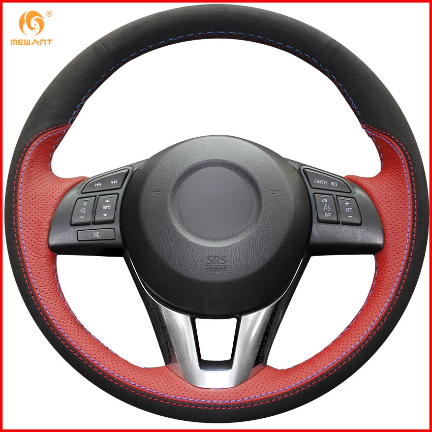 Mewant Black Suede Red Genuine Leather Car Steering Wheel Cover For