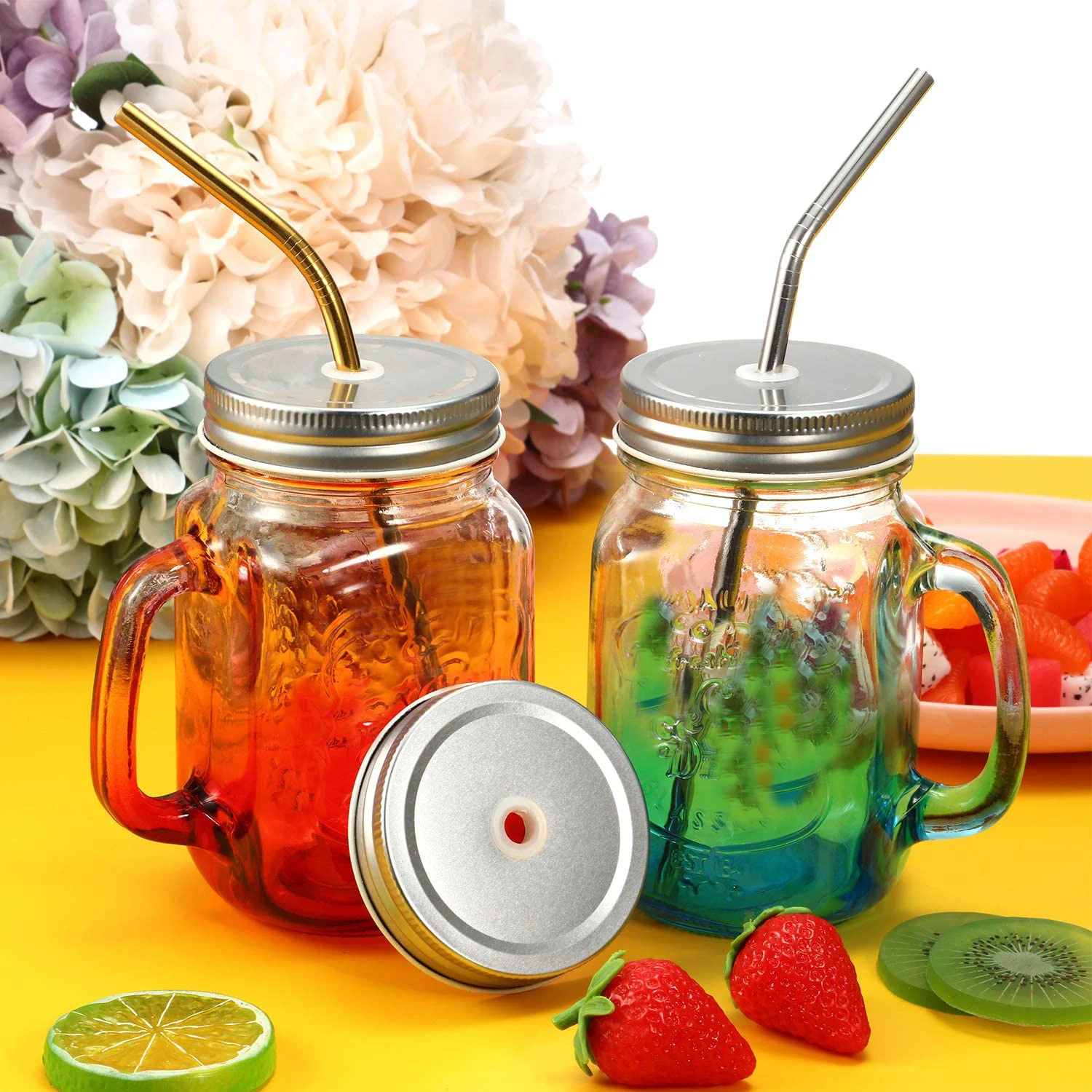 Mason Jar Mugs with Handle, Regular Mouth, Colorful Lids with 2 Reusable Stainless Steel Straw, Set of 2 , Kitchen Glass 16 oz Jars,Refreshing Ice