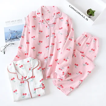 

Women's Cotton Pajamas Spring Washed Double Layer Gauze Pyjama Long Sleeve Pants Sleepwear Plus Size Printing Pijamas Two Piece