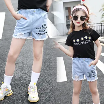 

4-13 Year Old Girls Jeans Shorts 2020 Summer Girl Short Pants for Kids Ripped Jeans for Children Denim Shorts Letter Print