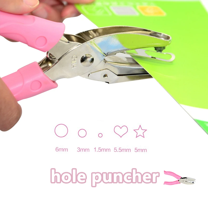 

Hand Paper Punch Pink Glue Cutter Single Hole School Office Binding Stationery Star Circle Scrapbooking All Metal Materials