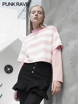 

Punk State Casual Fake Two-piece Sweater Loose High Collar Original Design Women's Striped Pullover Shirt Short Paragraph