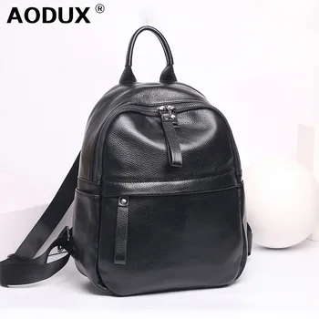 

Aodux NEW Genuine Cow Leather Women's Backpacks Black Color Hardware First Layer Cow Leather Female School Backpack Cowhide Bags