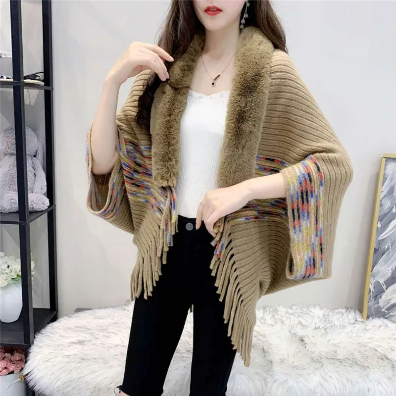 

Autumn and winter knit cardigan sweater fashion female tassel joker cloak shawl loose outside a tide collars show thin scarves s