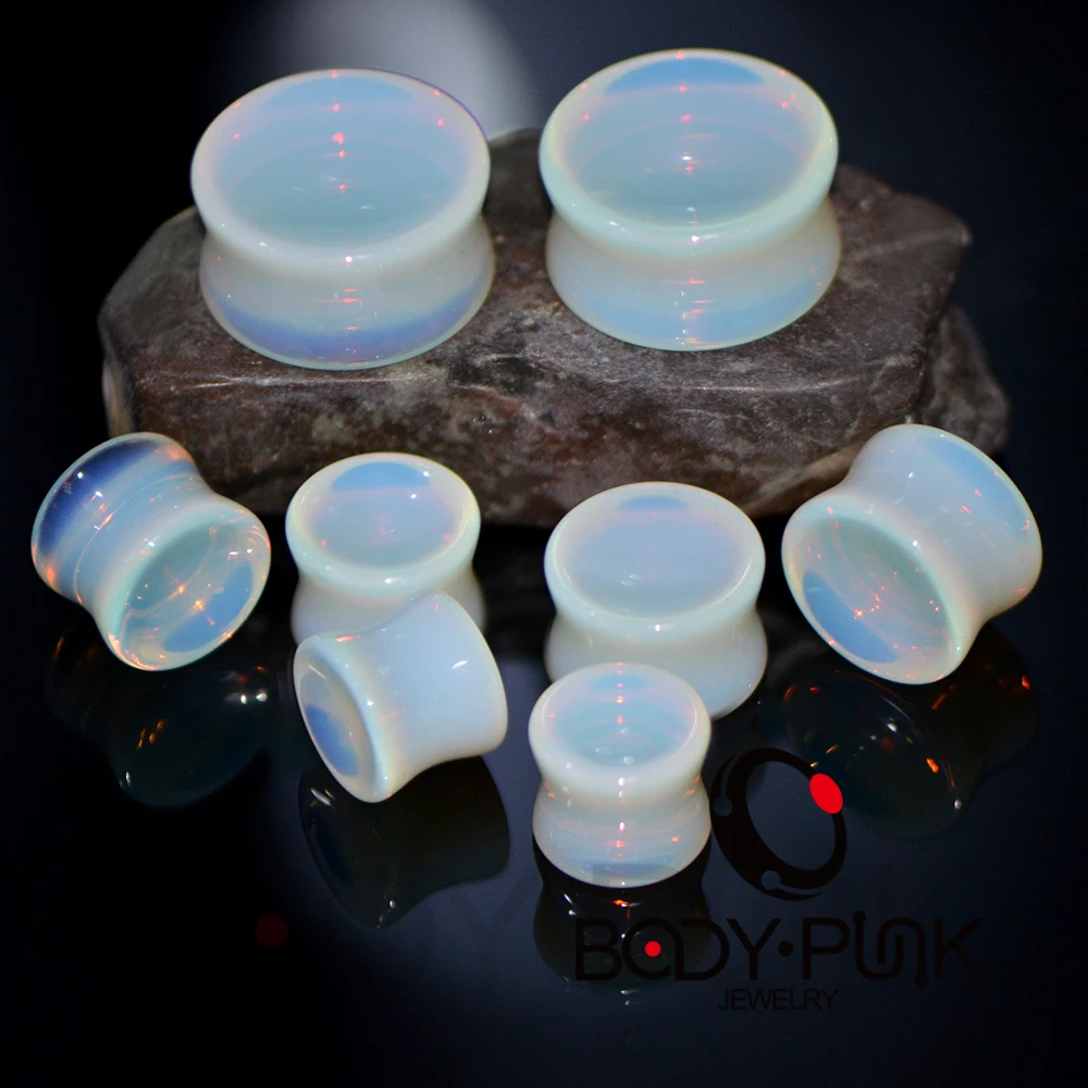 

BODY PUNK New Concave Stone Plugs and Tunnels Piercing Opalite Flesh Ear Expander Gauges Stretchers Body Jewelry 2pcs Set