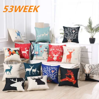 

53WEEK Elk Pattern Linen Pillowcase, Christmas Deer Pattern Multipurpose Pillowcase 2020
