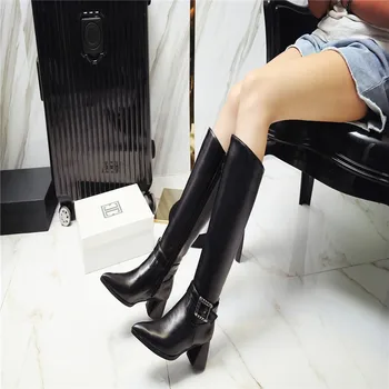 

Women Winter Shoes Knee High Boots Leather Warm Plush Pointed Toe Fashion Elegant Women High Boots Mid Heels Long Boots Black