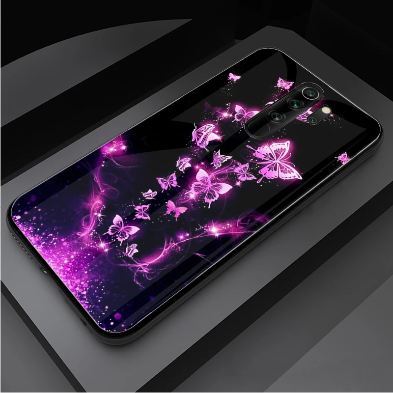 Butterfly Tempered Glass Phone Case For Redmi Note 5 6 7 8 9 Pro Note8T Note9S Pro Redmi7A 8 9 Cover Shell