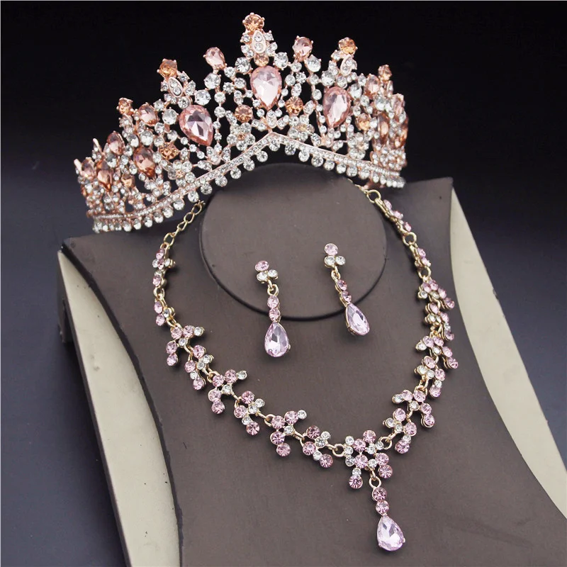 Korean Crystal Bridal Jewelry Sets for Women Fashion Tiaras Earrings Necklace Crown Bride Wedding Dubai Jewelry Set Accessories