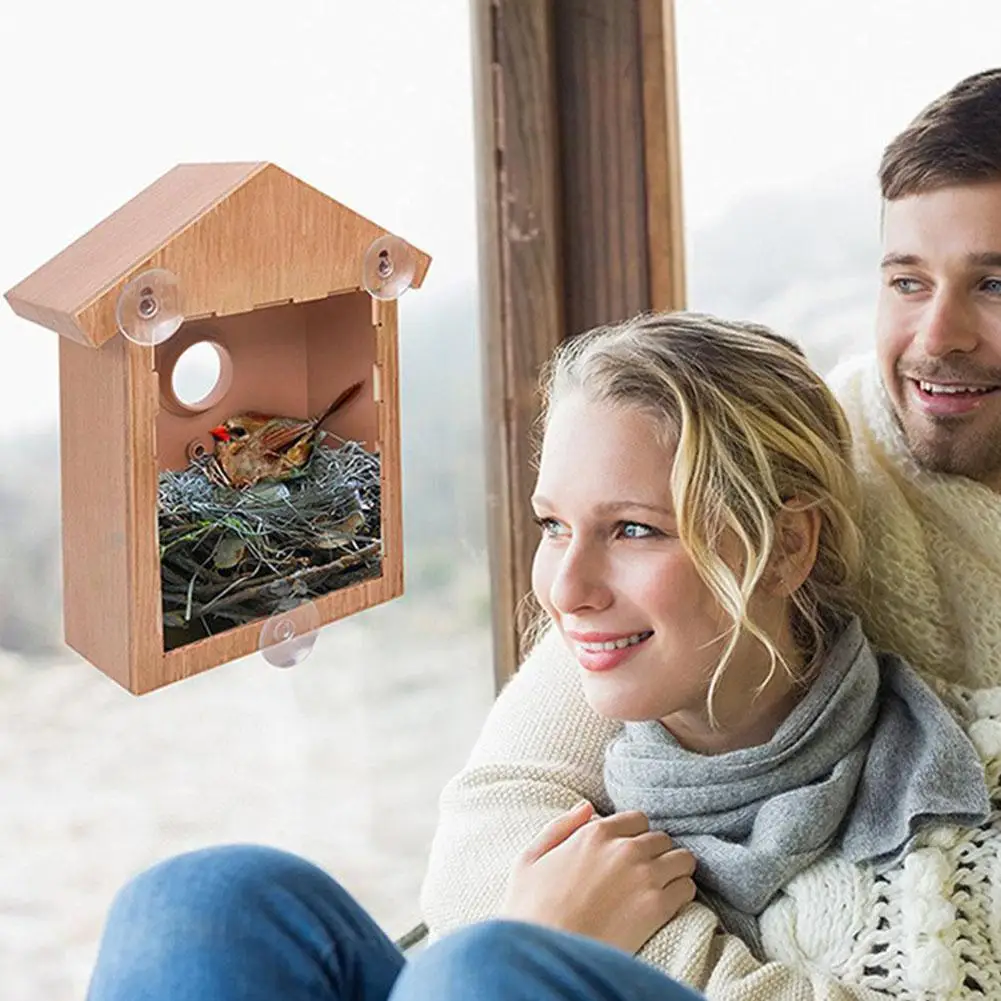 Wood Color Bird Nest Cage Feeder One Way Mirror Innovative Exquisite with Suction Cup Window Outdoor Decorations | Дом и сад
