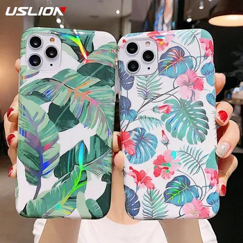 

USLION Colorful Laser Flower Leaves Phone Case For iPhone 11 Pro Max X XR Xs Max Soft IMD Shinging Case For iPhone 6 6s 7 8 Plus