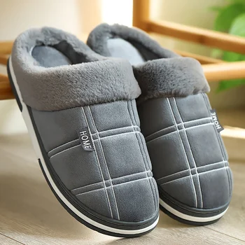 

Winter warm slippers men Suede Gingham Short plush Indoor shoes for male Non slip Cozy Velvet Waterproof Fur home men slippers