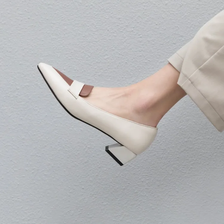 

High Heel Shoes 2019 Spring New Style Pointed Toe Chunky Heel Women's Low Heel Four Seasons Shoe Elegant Mixed Colors Genuine Le