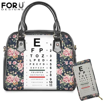 

FORUDESIGNS Optometrist Eye Chart Printing Luxury Women PU Shoulder Handbags Purse 2 Set Brand Designer Female Beach Bags Mujer