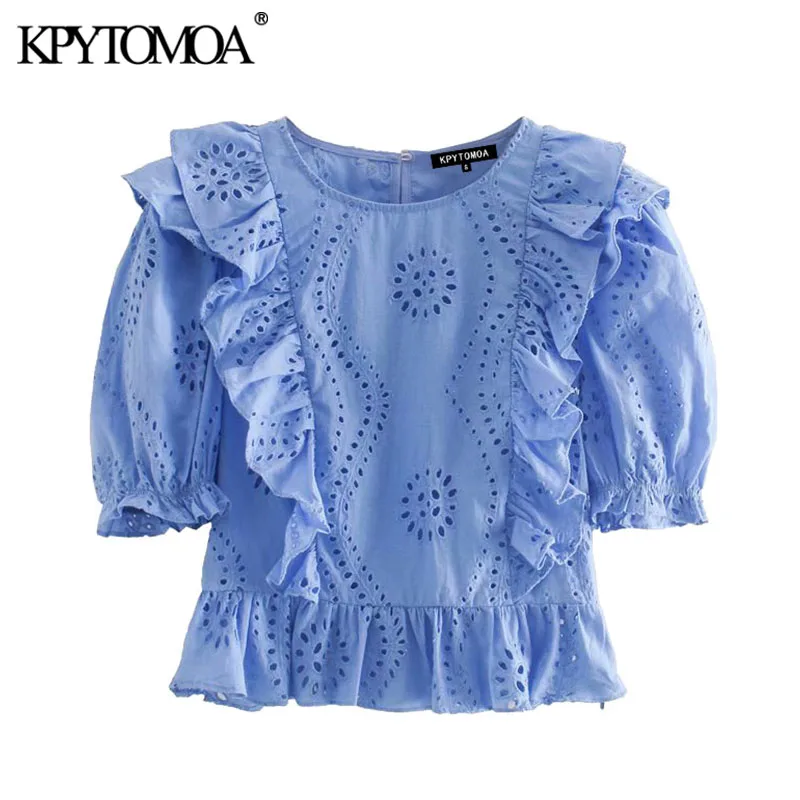 KPYTOMOA Women 2020 Fashion Cutwork Embroidery Cropped Blouse Vintage O Neck Side Zipper Ruffles Female Shirts Blusas Chic Tops KPYTOMOA Women 2020 Fashion Cutwork Embroidery Cropped Blouse Vintage O Neck Side Zipper Ruffles Female Shirts Blusas Chic Tops