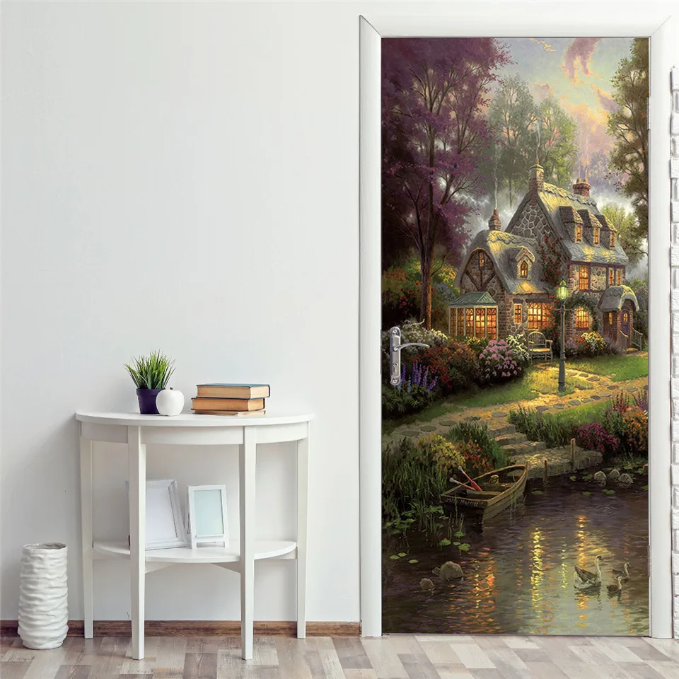 Цветные наклейки на дверь в скандинавском стиле с листьями, съемные обои для дверей, сделай сам, наклейка на двери, 95x215 см, клейкий плакат