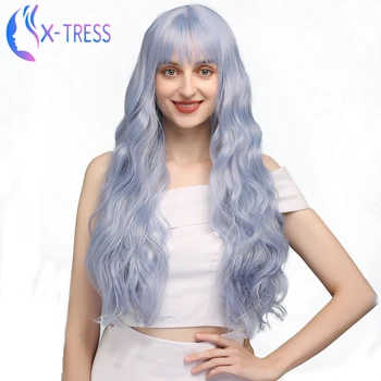 

X-TRESS Synthetic Lolita Blue Wigs For Women Long Body Wave Colored Wig With Bangs Heat Resistant Fiber Cosplay Wig