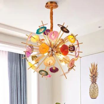 

Creative High Quality Color Agate Art Decorate Hanging Lamp Nordic Postmodern Luxurious G9 Villa Lobby Living Room Pendant Light