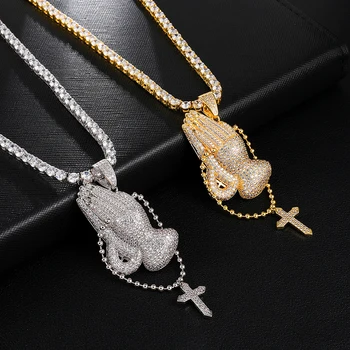 

US7 Iced Out Praying Hand Pendant Necklace With Cross Mens/Women Gold Silver Color Hip Hop Charm Jewelry Necklace Chain For Gift
