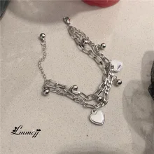 

Lmmcjj Vintage Heart Double Chain Bracelet Bead Rectangular Chain Bracelet For Women Couple Fashion Jewelry Gift INS Accessories