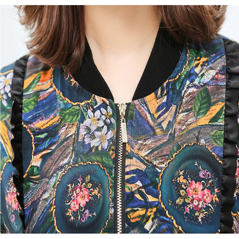 

Li ren yi shen 2019 New Women Autumn 100 Mulberry Silk Middle-aged Jacket Joint Printed Real Silk Korean-style Coat