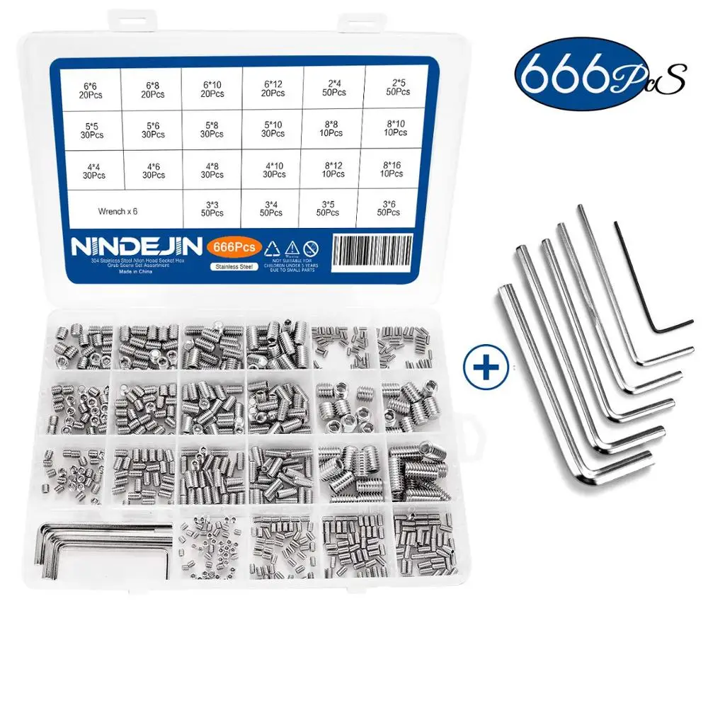 Online NINDEJIN 666 stücke Set Schraube Hex Hexagon Buchse Kopf Edelstahl Headless Set Schraube Sortiment Kit M2 M3 M4 M5 m6 M8 Grub Schraube