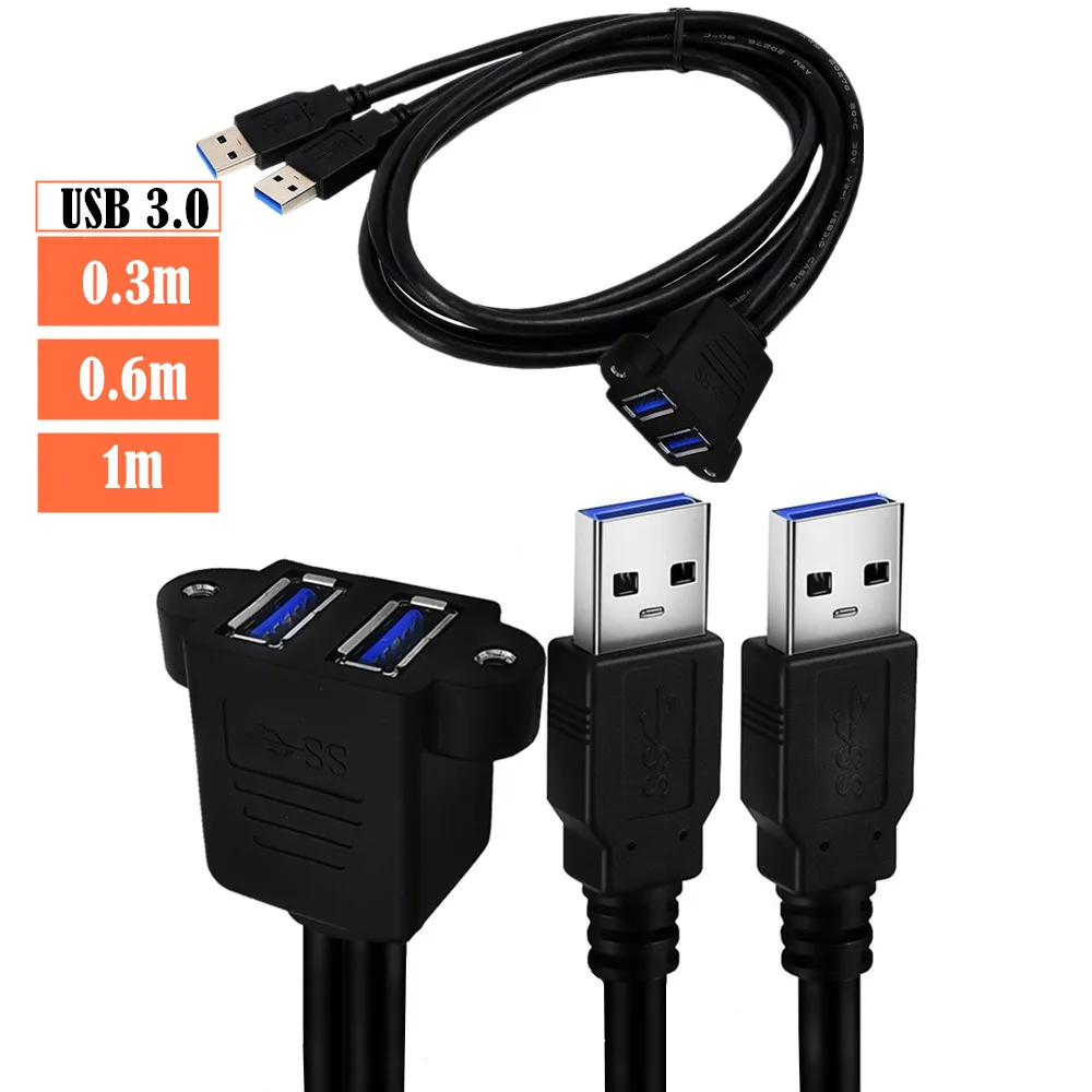 Dual USB 3.0 Male to Female with Screw Panel Mount Holes Extension Cable  0.3m/0.6m/1m