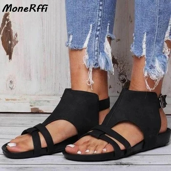 

New PU Woman Sandals 2020 Summer Flat Black Buckle Ladies Shoes Female Fashion Outdoor Open Toe Thong Strap Sandals Size 35-43