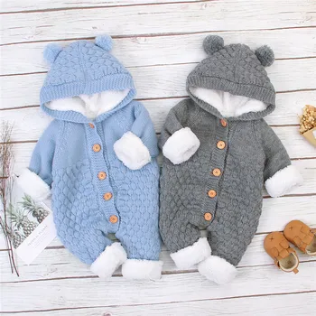 

Winter Baby Girls Boys Rompers Clothes Knit Fur Long Sleeve Button Solid Hooded Warm Jumpsuits Kids Clothing 0-24M