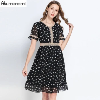 

Floral Print Chiffon Dresses Large Size 5xl 4xl 3xl Xxl Xl Plus Size Women Casual Black Short Sleeve A Line Classic Dress Midi