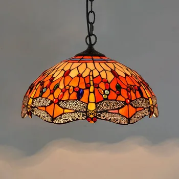 

American Pastoral Creative Tiffany Colored Glass Living Room Restaurant Retro Bar Red Dragonfly Hanging Light 40cm