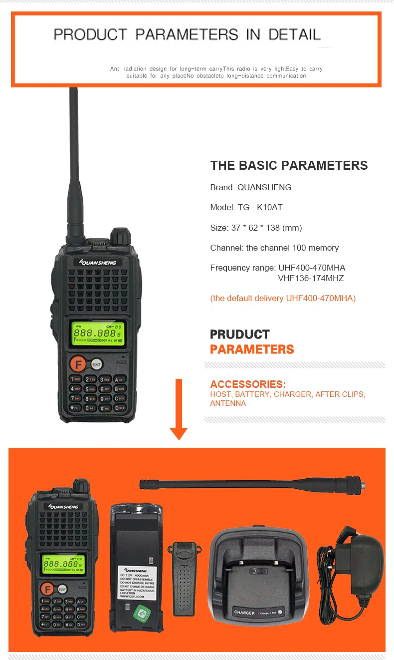 10 Вт QuanSheng TG-K10AT 10 ватт уоки-токи радиостанции comunicador UHF 400-470 МГц двухстороннее радио Amador 4000 мАч HF приемопередатчик