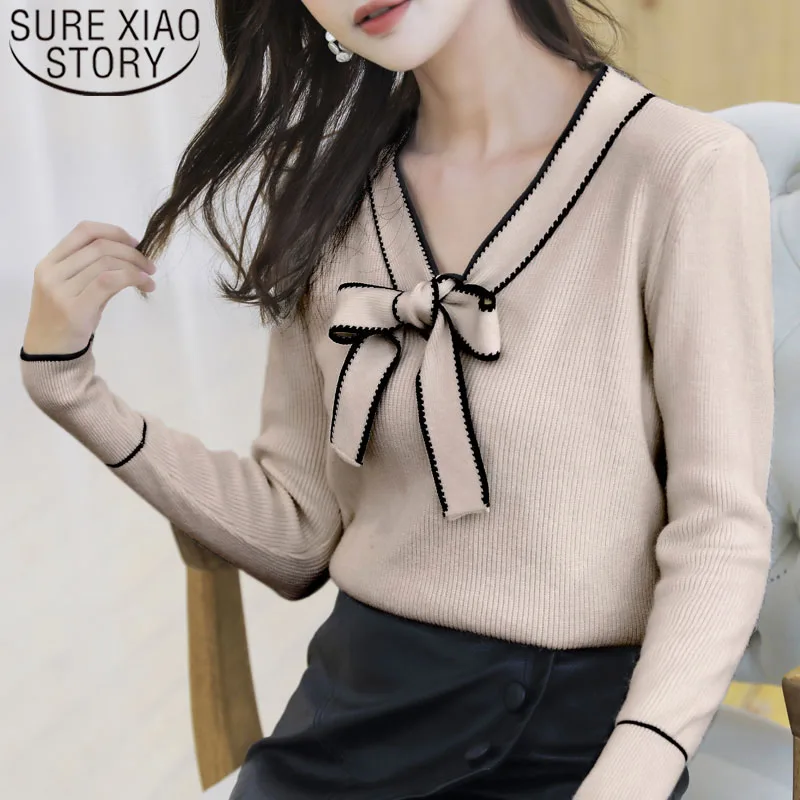 

2019 Autumn Winter Fashion Women Sweaters Casual Bow Solid Sweaters Women Long Sleeve V-neck Knitted Sweaters 6335 50