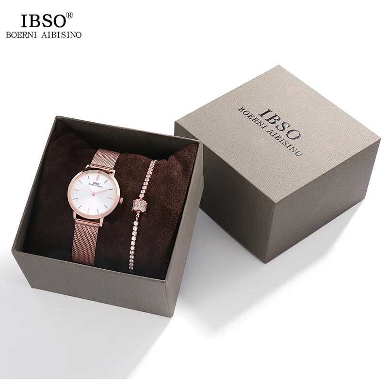 IBSO женские кварцевые часы с кристальным браслетом, роскошный ремешок из розового золота, женский браслет на запястье, ювелирный набор, рождественский подарок, часы для женщин