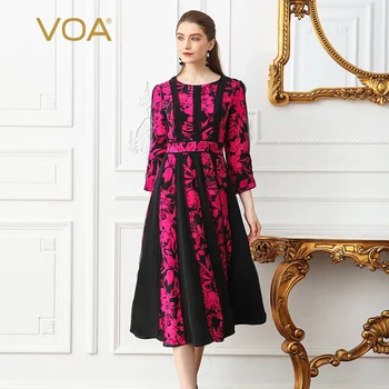 

VOA new Silk Fashion print Round neck Mid waist design Seven-quarter sleeve Noble temperament X dress A109