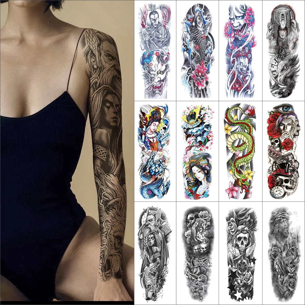 Temporary art body tattoo stickers watercolour immortal dragon flower figure animal cool black Full arm Waterproof fake tattoo